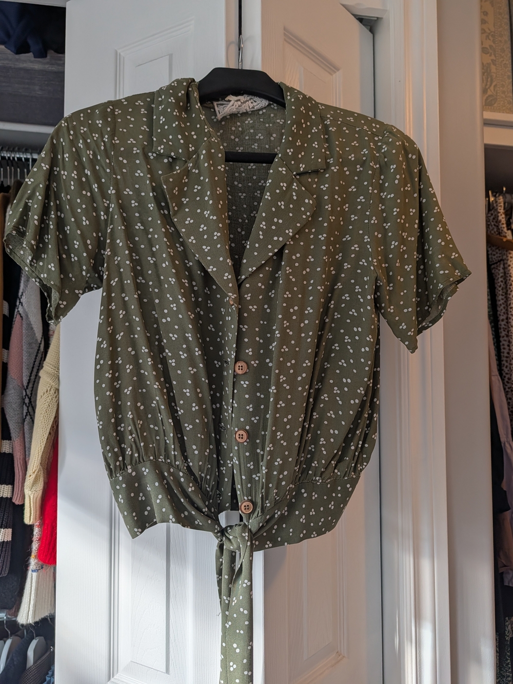 Pink Martini Olive Green Button-Front Tie Blouse with White Dot Print